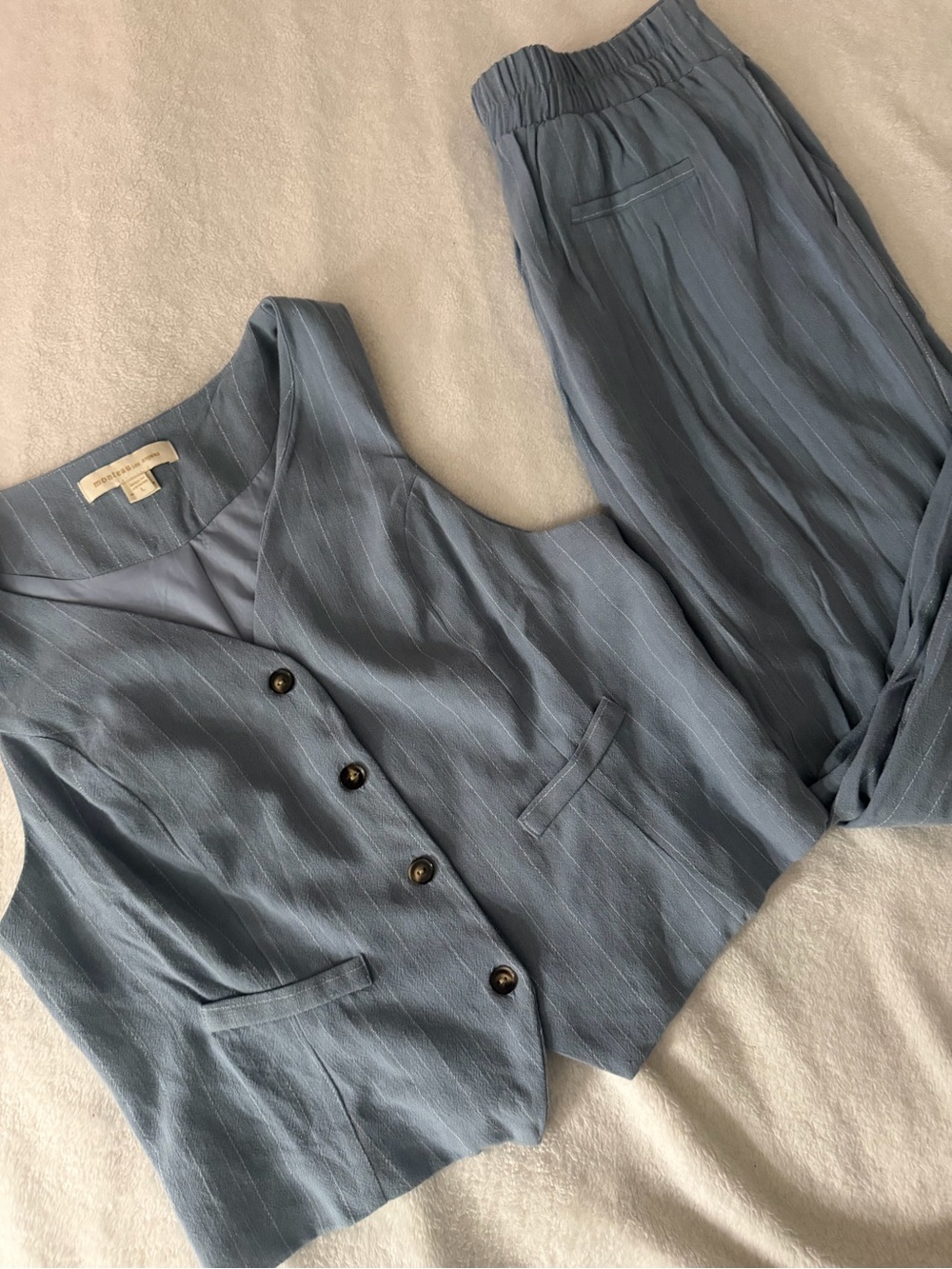 Women’s Light Blue Pinstripe Vest and Elastic-Waist Pants Matching Set